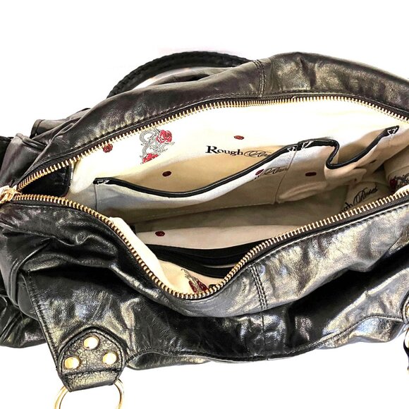 Rough Roses New Genuine Soft Black Leather Large Satchel Bag, Bright Gold Detail - Picture 5 of 11